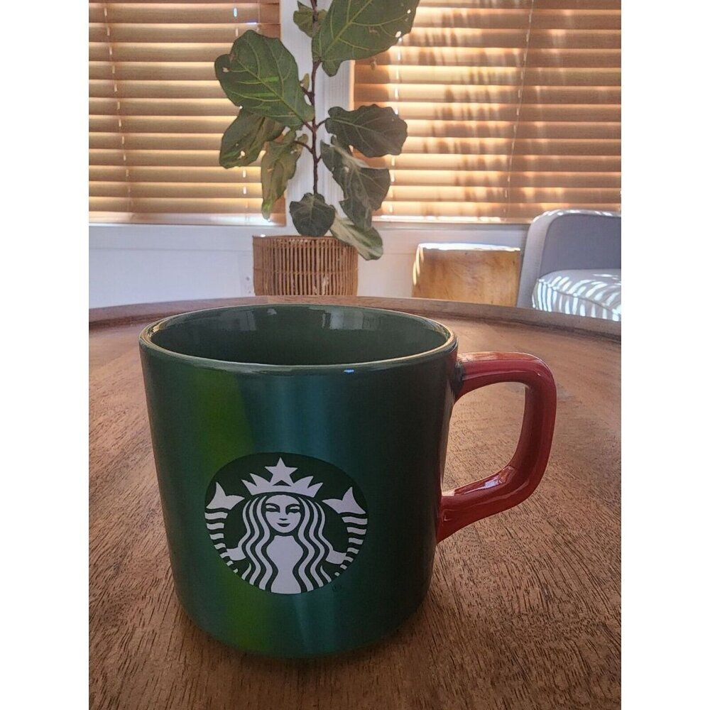 2022 Starbucks Ombré Green/Blue w/ Red Handle Coffee Cup Tea Mug 11oz